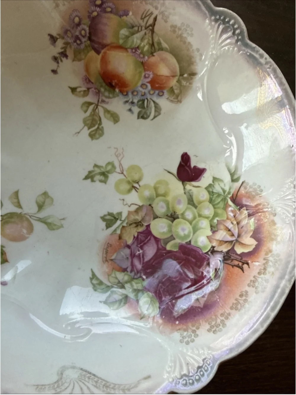 Antique German Purple Lustreware Serving Bowl with Roses